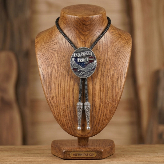 American Pride Eagle Bolo Tie USA Flag Adjustable Genuine Leather Cord 40"