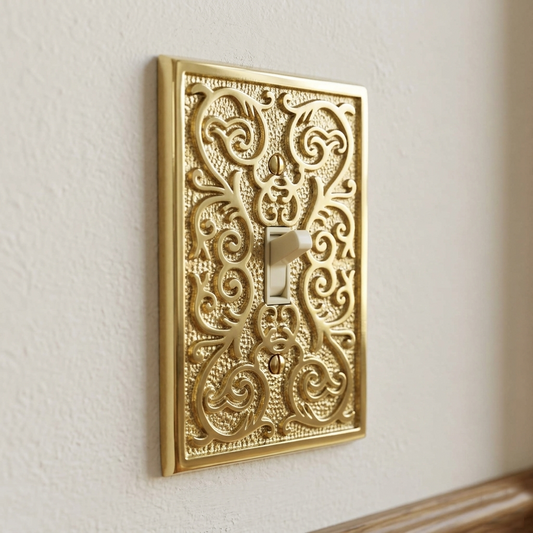 Polished Brass Metal Ornate Floral Single Toggle Switch Wall Plate Cover
