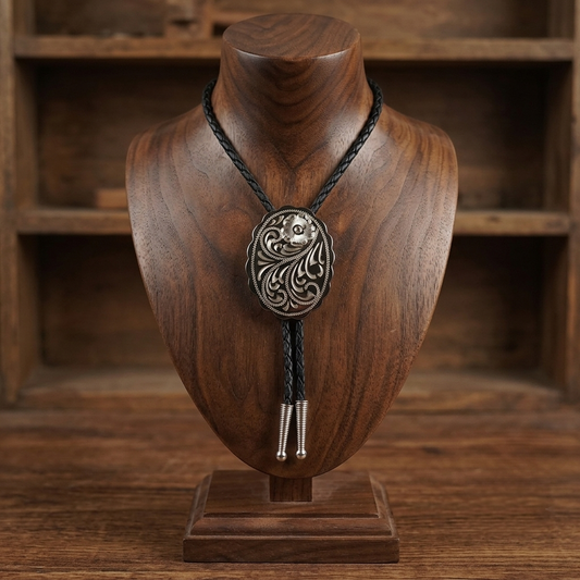 Engraved Floral Bolo Tie Adjustable 36" Cord USA Made Western German Silver