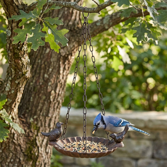 Cast Iron Hanging Dish Bird Feeder Perched Love Birds Garden Porch Tree Decor