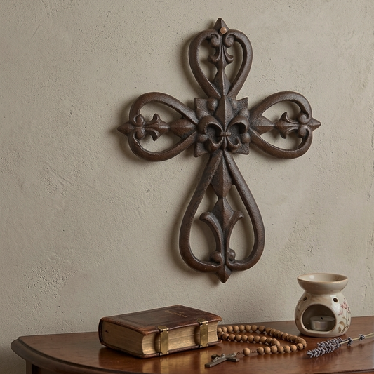 Fleur De Lis Wall Cross Cast Iron Rustic Tuscan Style Old World Decor 10 x 8"