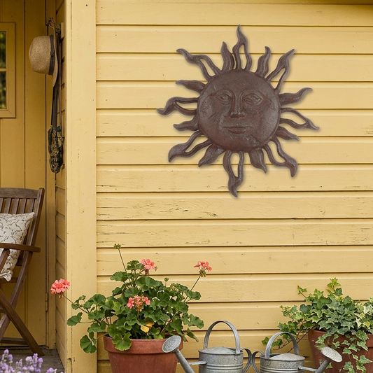 Cast Iron Sun Face Rays Wall Decor Heavy Duty Rustic Antique Brown Patina