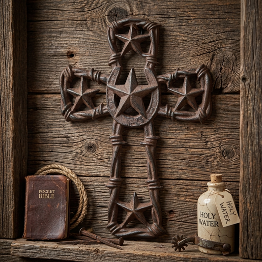 Western Cast Iron Horseshoe Stars Barbed Wire Wall Cross Rustic Brown 9 3/4 in