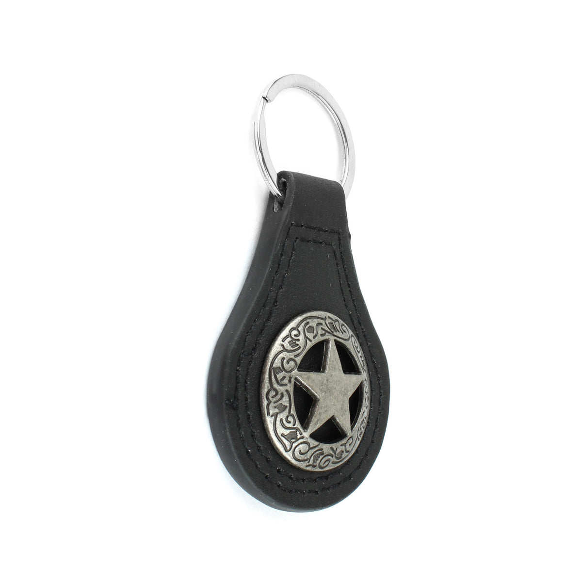 Silver Texas Star Concho Black Leather Keychain Keyring Fob Cowboy Gift 3.5 inch