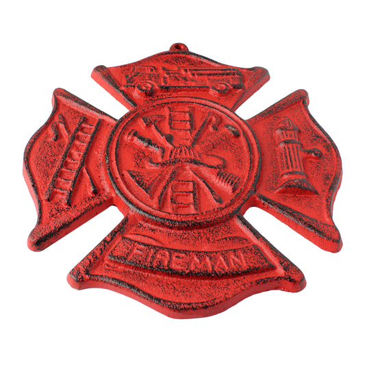 Cast Iron Red Fireman Firefighter Wall Decor Emblem Logo Plaque Maltese Cross