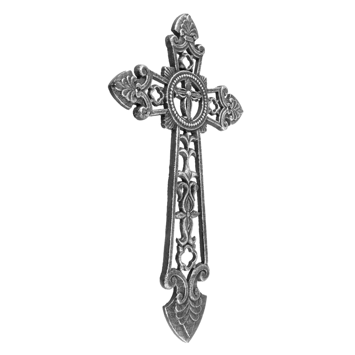 Large Cast Iron Wall Cross Fleur De Lis Gothic Scrollwork Accents Antique Silver