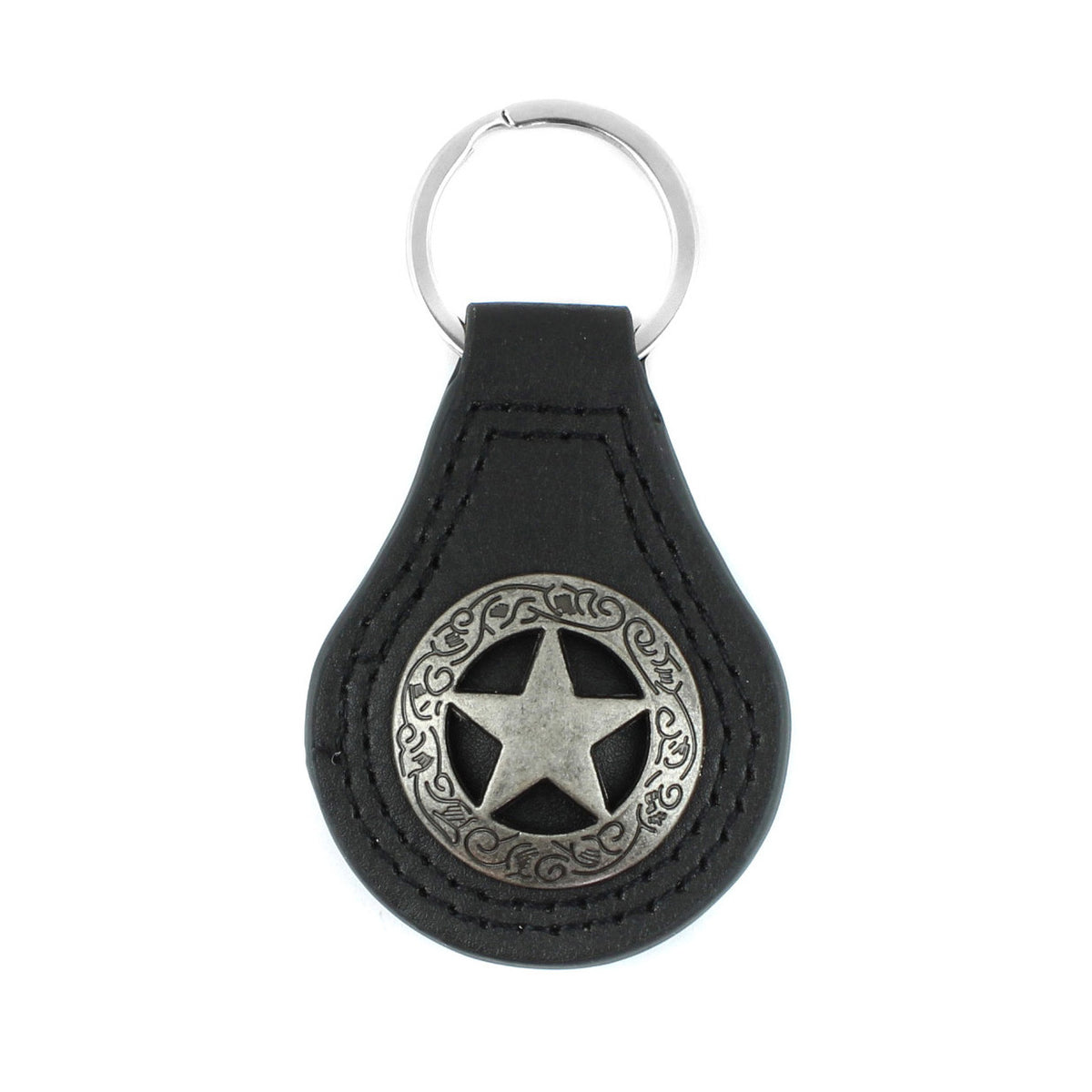 Silver Texas Star Concho Black Leather Keychain Keyring Fob Cowboy Gift 3.5 inch