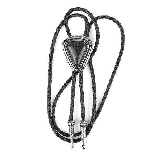 Teardrop Natural Real Black Pine Stone Bolo Tie 40" Adjustable Leather Cord