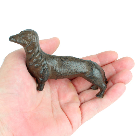 Miniature Cast Iron Weiner Dog Dachshund Figurine Shelf Sitter Collectible Brown