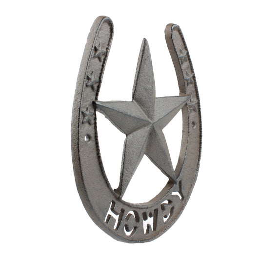 Large Cast Iron Howdy Texas Lucky Horseshoe Star Wall Decor Rustic Brown 8 in