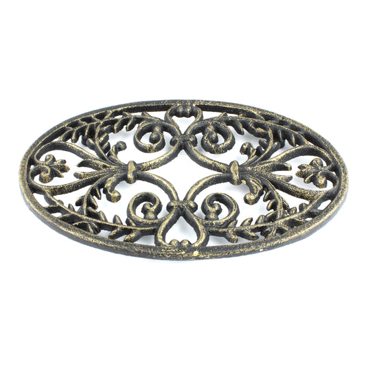 Fleur De Lis Oval Trivet Cast Iron Gold Patina Ornate Scrolls Antique Style