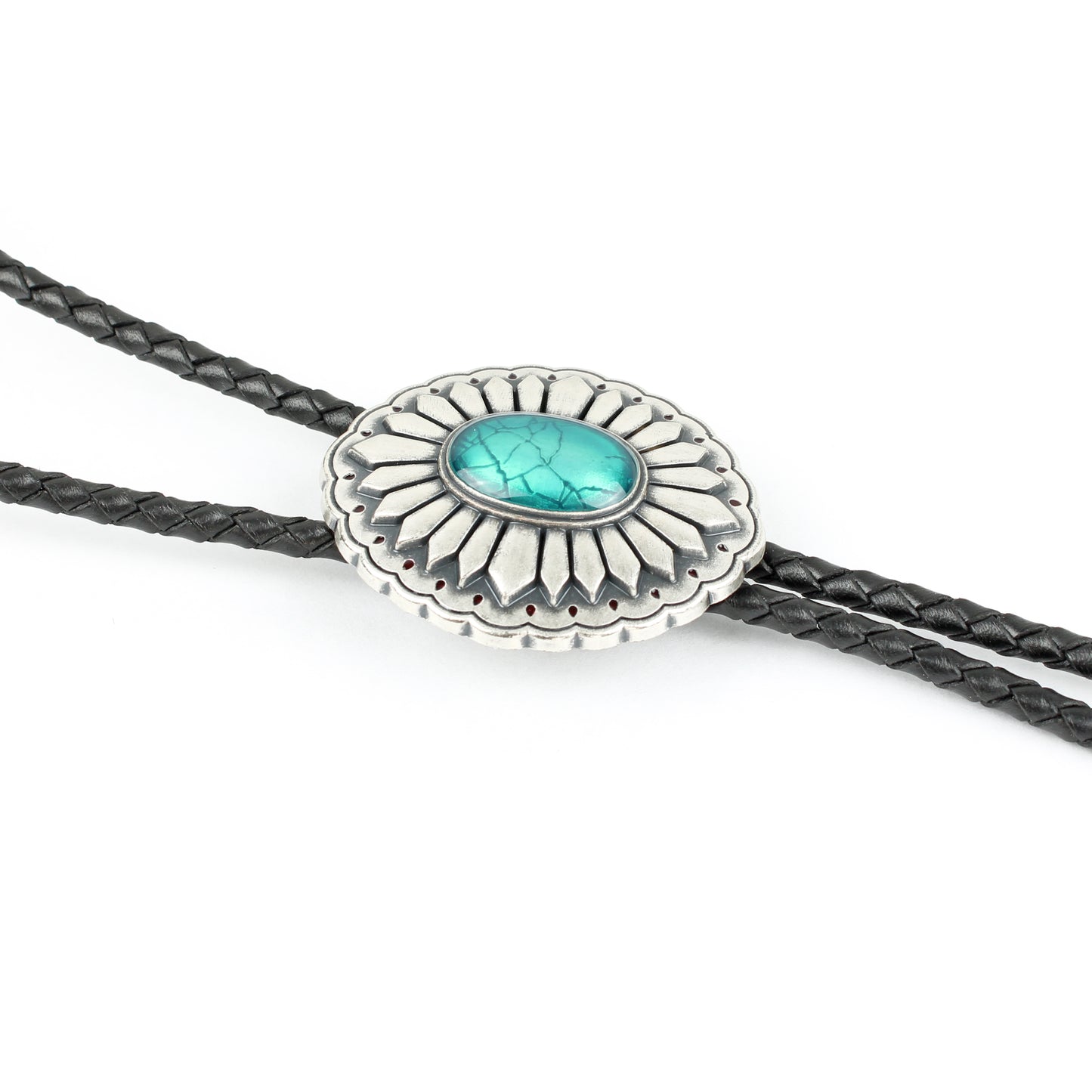 Southwestern Turquoise Bolo Tie Real Silver Plated 38" Adjustable Leather Cord