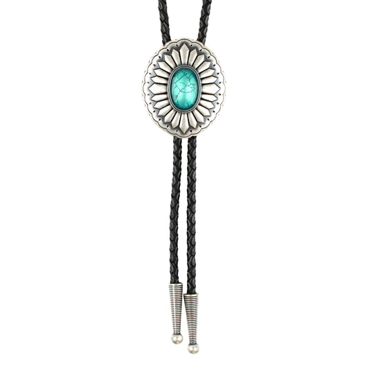 Southwestern Turquoise Bolo Tie Real Silver Plated 38" Adjustable Leather Cord