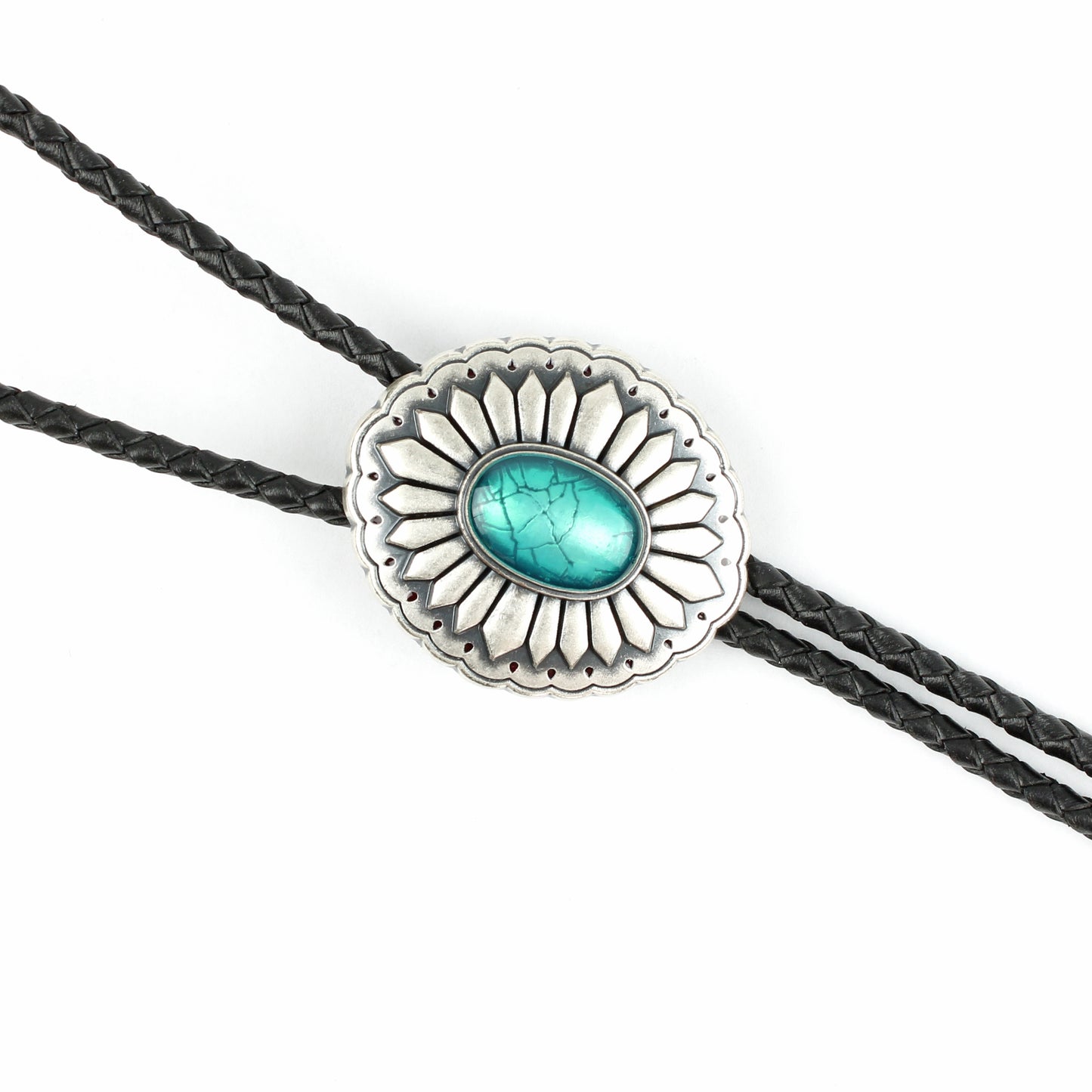 Southwestern Turquoise Bolo Tie Real Silver Plated 38" Adjustable Leather Cord