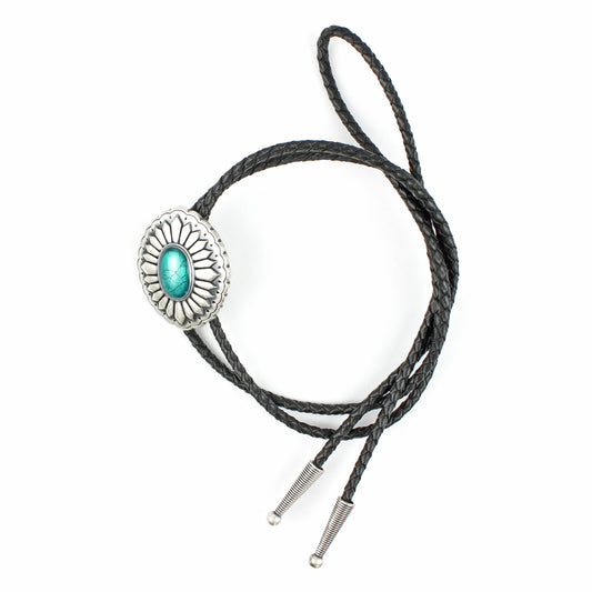 Southwestern Turquoise Bolo Tie Real Silver Plated 38" Adjustable Leather Cord