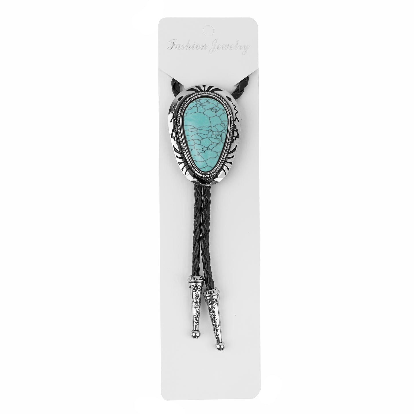 Teardrop Turquoise Stone Bolo Tie 40 inch Leather Cord Tribal Carved Pendant