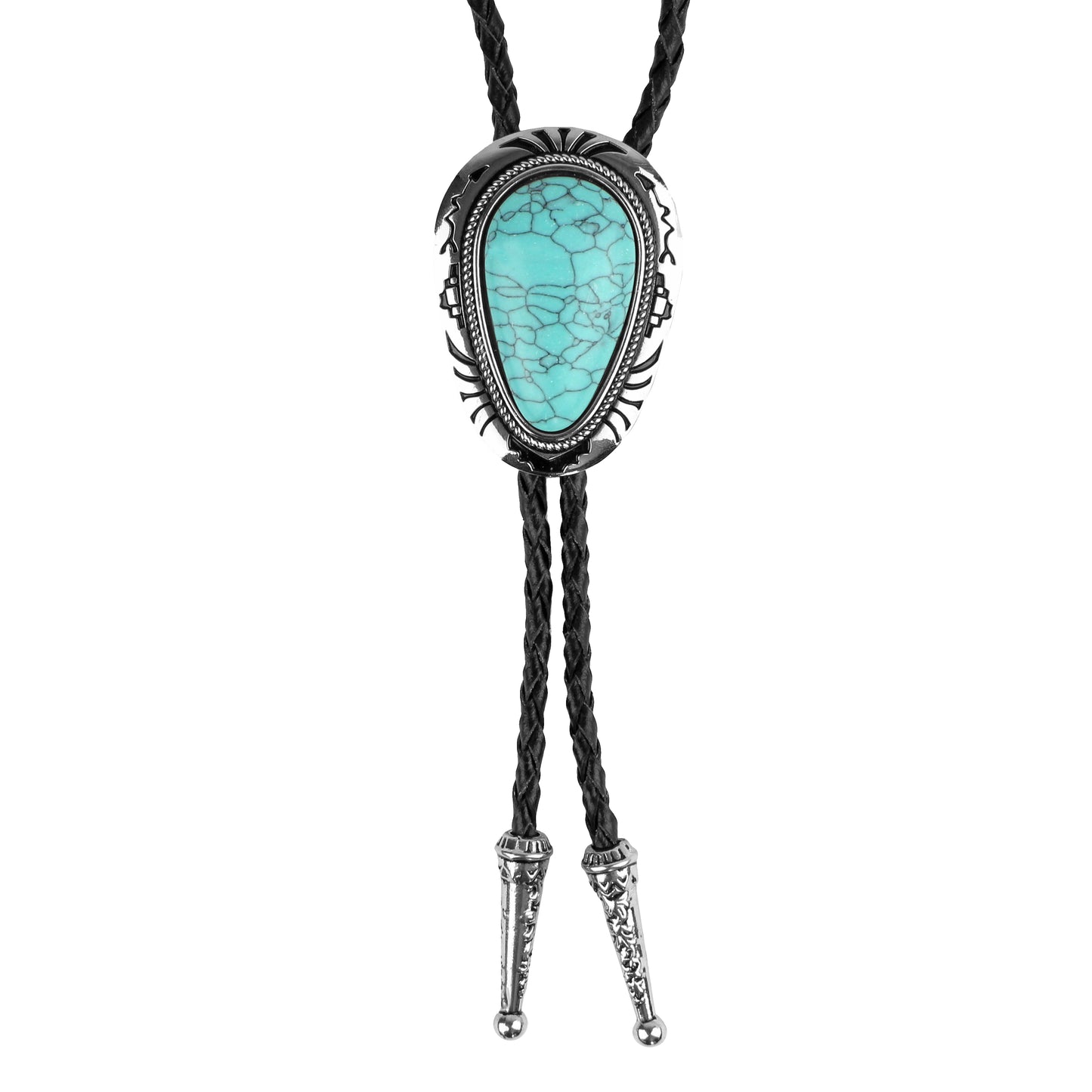 Teardrop Turquoise Stone Bolo Tie 40 inch Leather Cord Tribal Carved Pendant