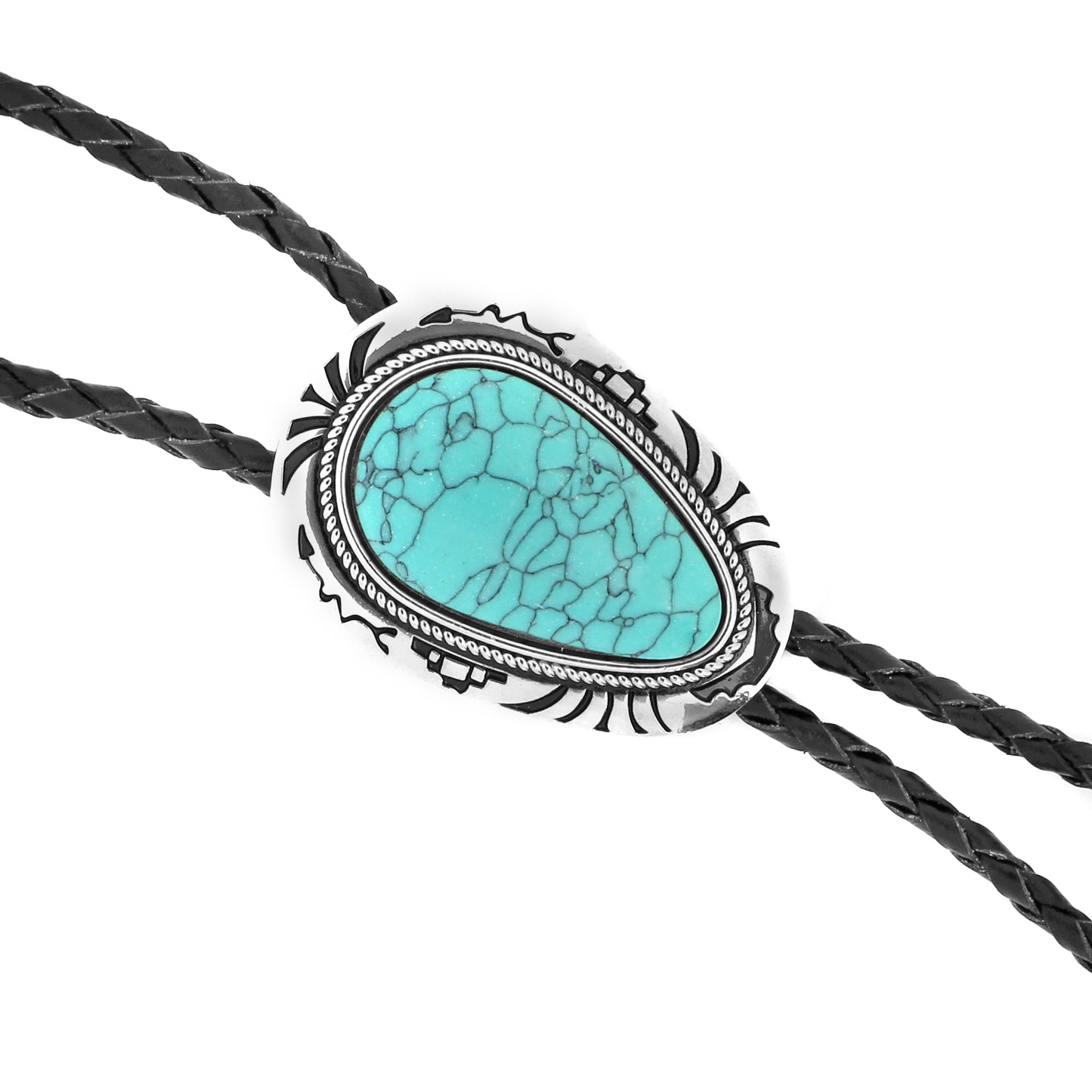 Teardrop Turquoise Stone Bolo Tie 40 inch Leather Cord Tribal Carved Pendant