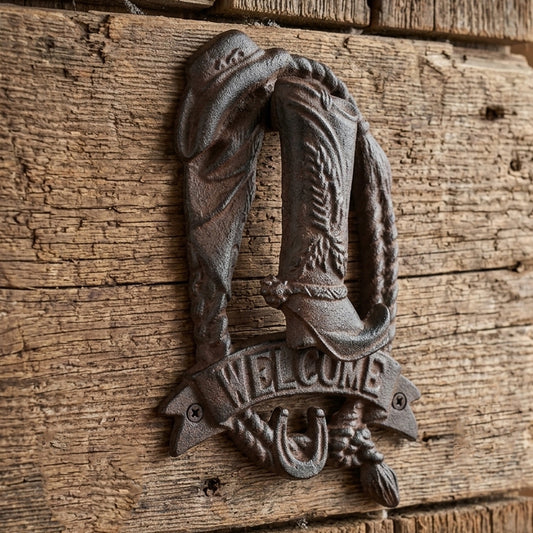 Cast Iron Western Welcome Door Knocker Cowboy Boot Hat Horseshoe Rope Rustic