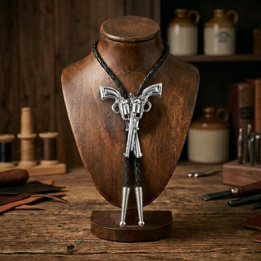 Crossed Guns Bolo Tie Western Pistols Silver Tone 36" Braided Faux Leather Cord