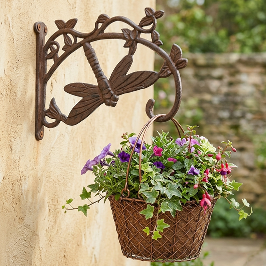 Cast Iron Dragonfly Wall Bracket Plant Hanger Basket Hook Vines Rustic Brown 11"