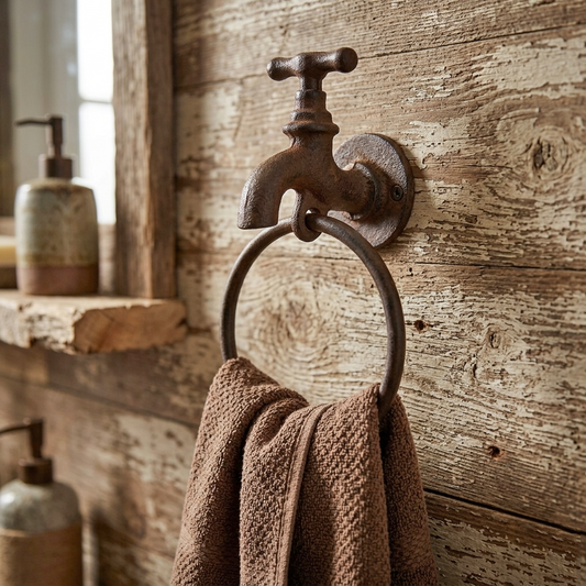 Faucet Towel Ring Hanger Rustic Cast Iron Antique Style Wall Mounted Spigot