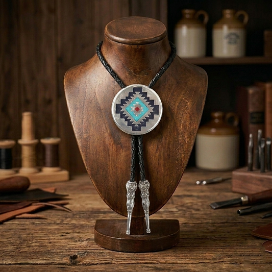 Aztec Circle Geometric Bolo Tie Turquoise Coral Inlay 38 inch Adjustable Cord
