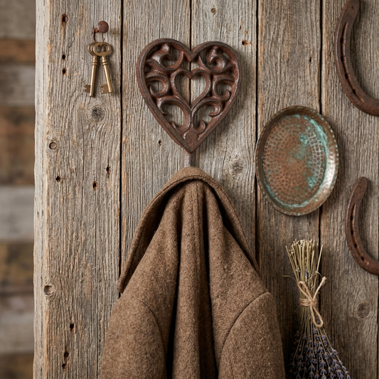 Cast Iron Heart Scrolls Wall Hook Key Towel Coat Hanger Antique Brown 7 inch