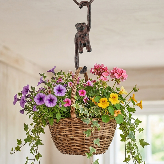 Small Rustic Cast Iron Monkey Double Hook Ceiling Plant Basket Hanger 4 1/4 inch