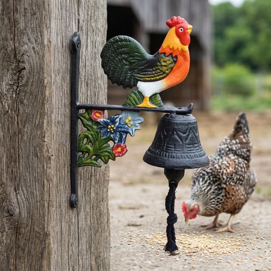 Small Cast Iron Metal Rooster Dinner Bell Hand Painted Flower Post or Wall Mount