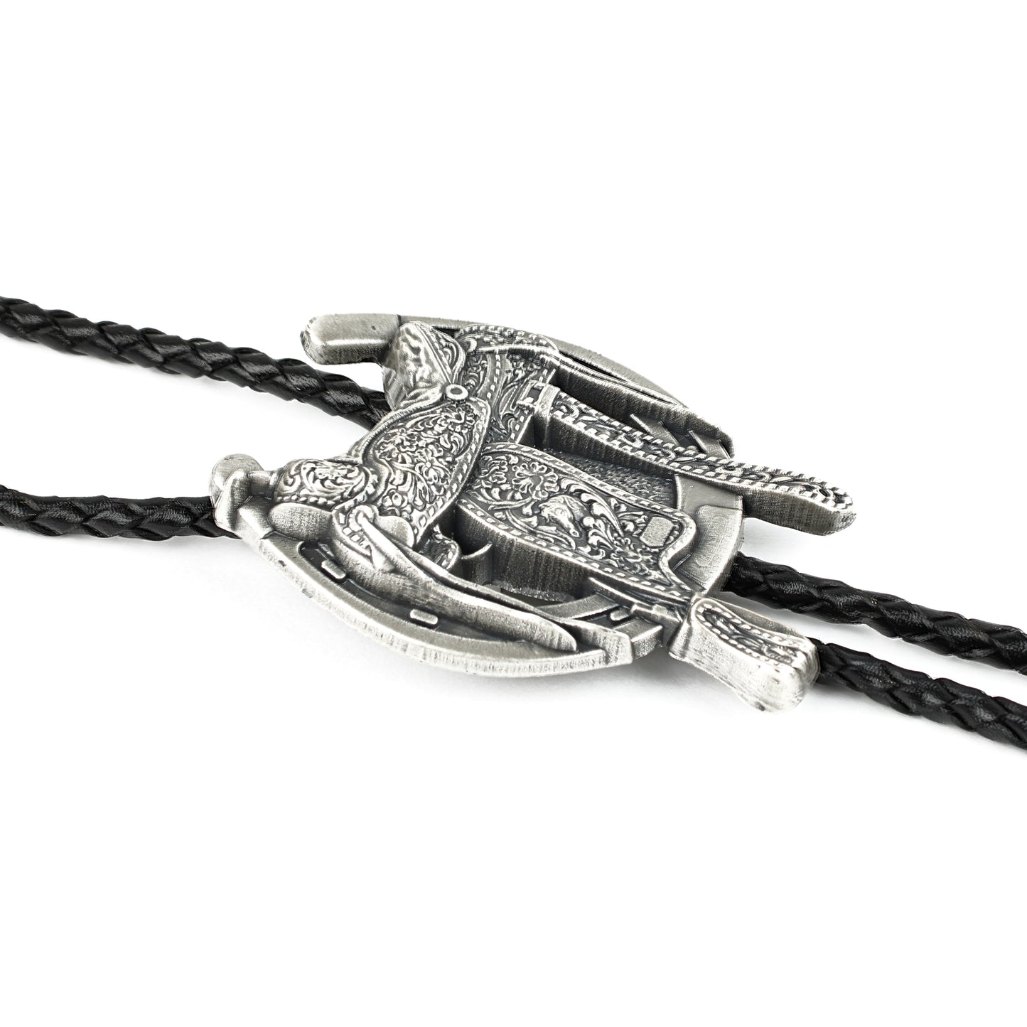 Silver Plated Horseshoe Saddle Boot Tips Bolo Tie 38 inch Leather Cord Western