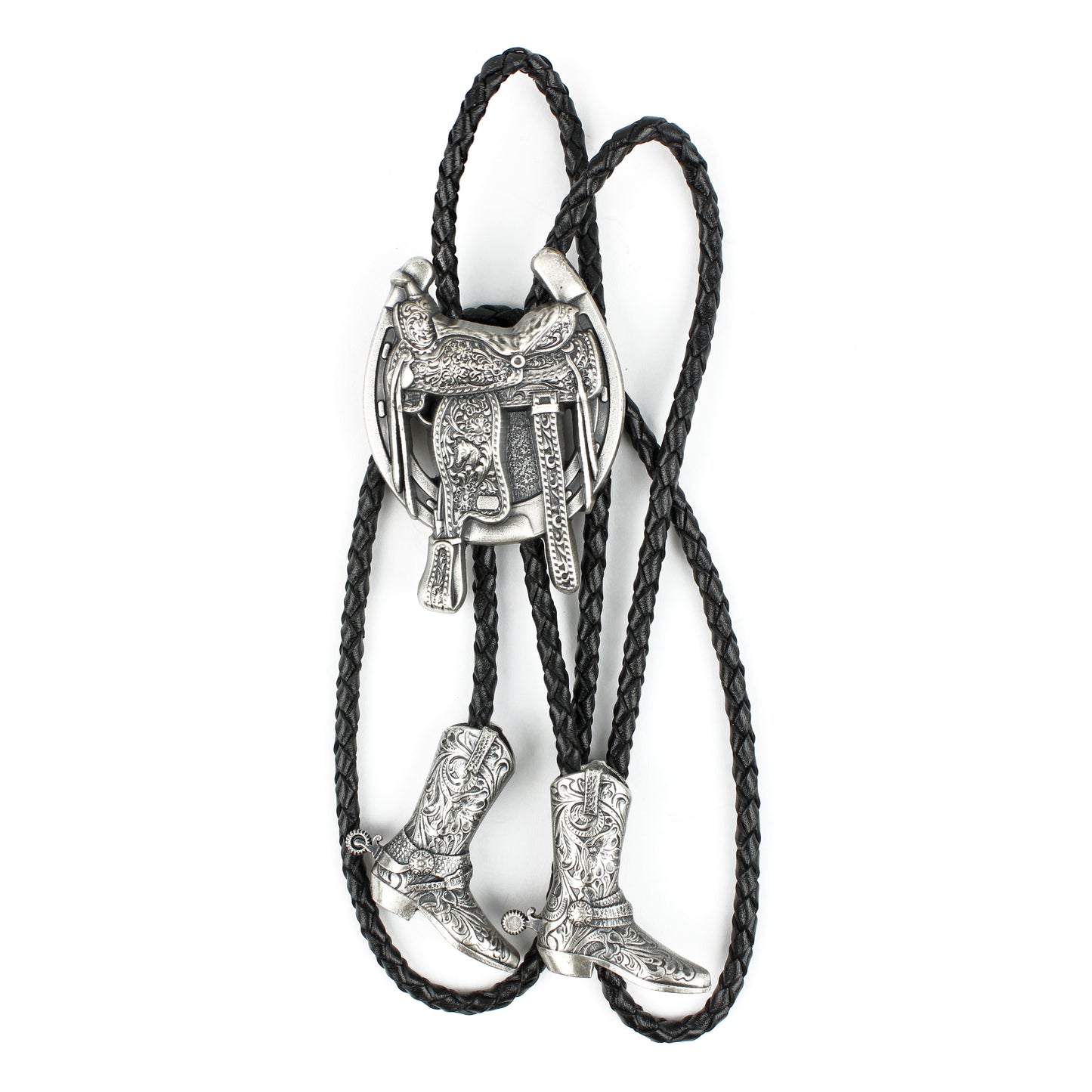 Silver Plated Horseshoe Saddle Boot Tips Bolo Tie 38 inch Leather Cord Western