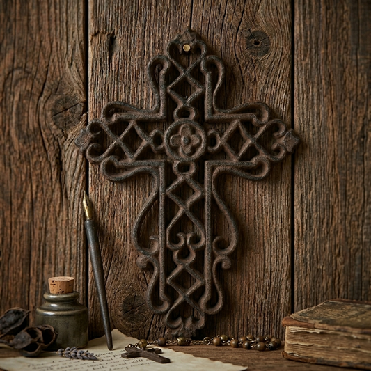 Rustic Lattice Ornate Cast Iron Wall Cross Antique Style Brown Finish 7 x 5 inch