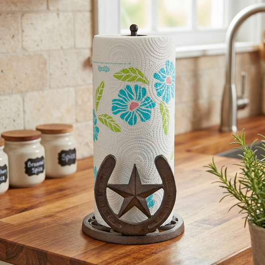 Metal Star Horseshoe Scrolls Table Paper Towel Roll Holder Rustic Brown Iron