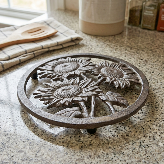 Cast Iron Sunflower Hot Pot Hot Plate Trivet Kitchen Decor Rustic Brown 7 inch