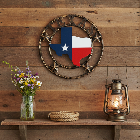 Metal Texas Map Flag Wall Star With Stars Ring Brushed Copper Finish 12 inch
