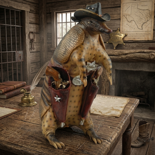 Large Armadillo Statue Texas Cowboy Sheriff Piggy Bank Rustic Western 15.5" Tall