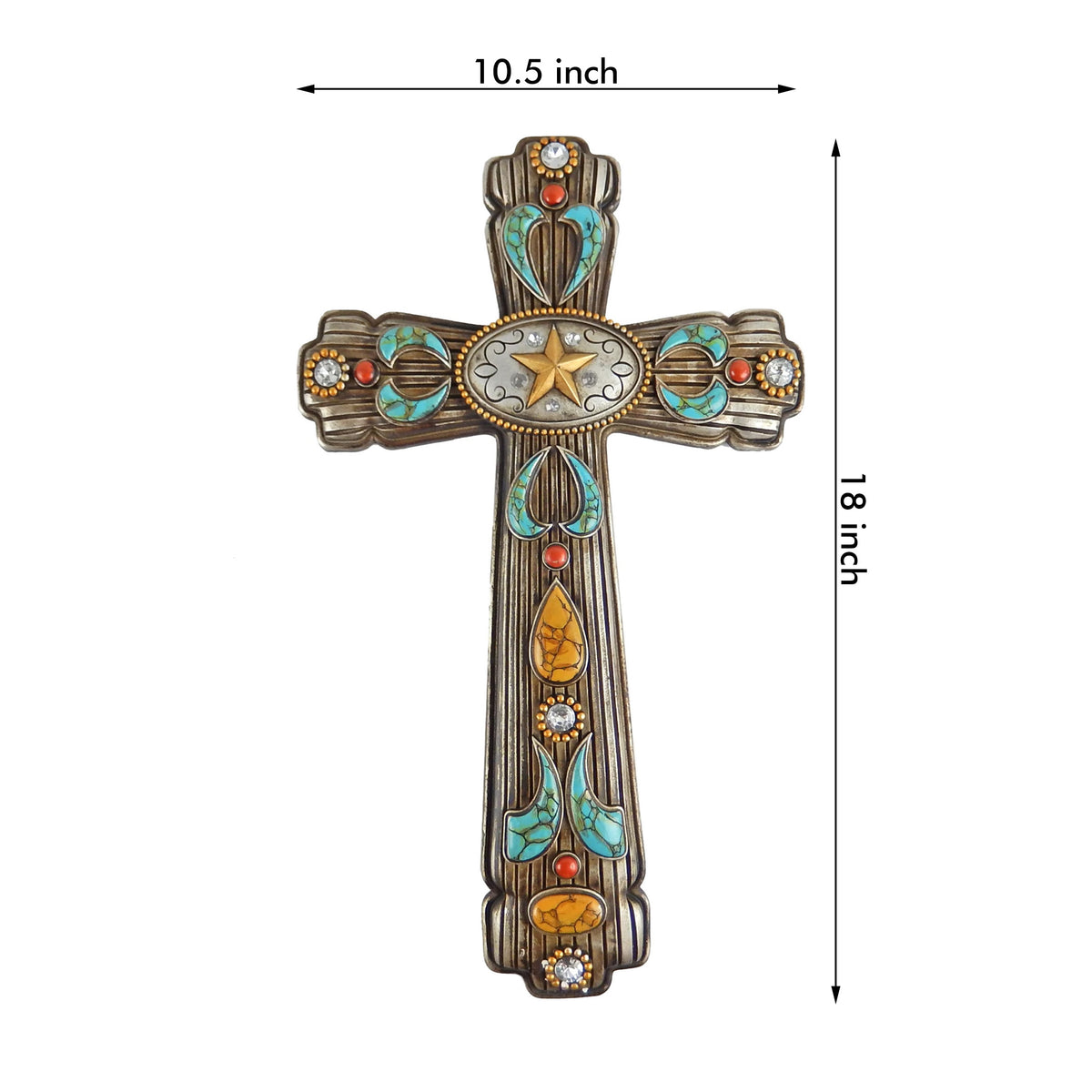 Western Southwestern Wall Cross Faux Turquoise Coral Rhinestones Texas Star 18"