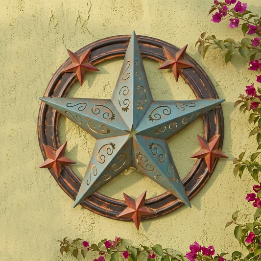 Large Metal Barn Star Wall Decor Filigree Turquoise Red Rust Accents 25 inch