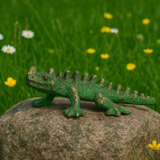 Verdigris Cast Iron Horned Horny Toad Lizard Figurine Green & Gold 6.5 inch