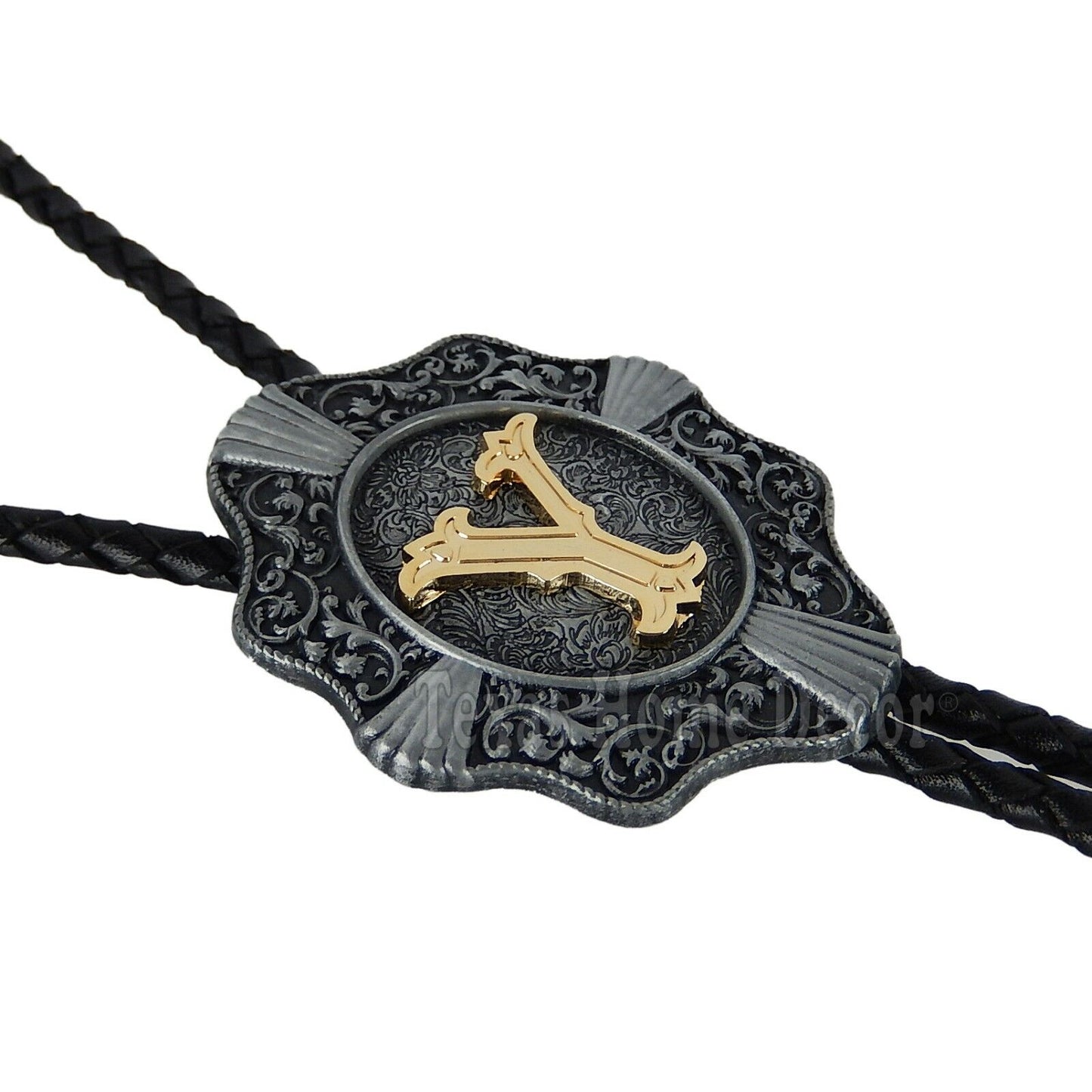 Initial Letter "Y" Bolo Tie Western 38" Genuine Leather Cord Detailed Tips