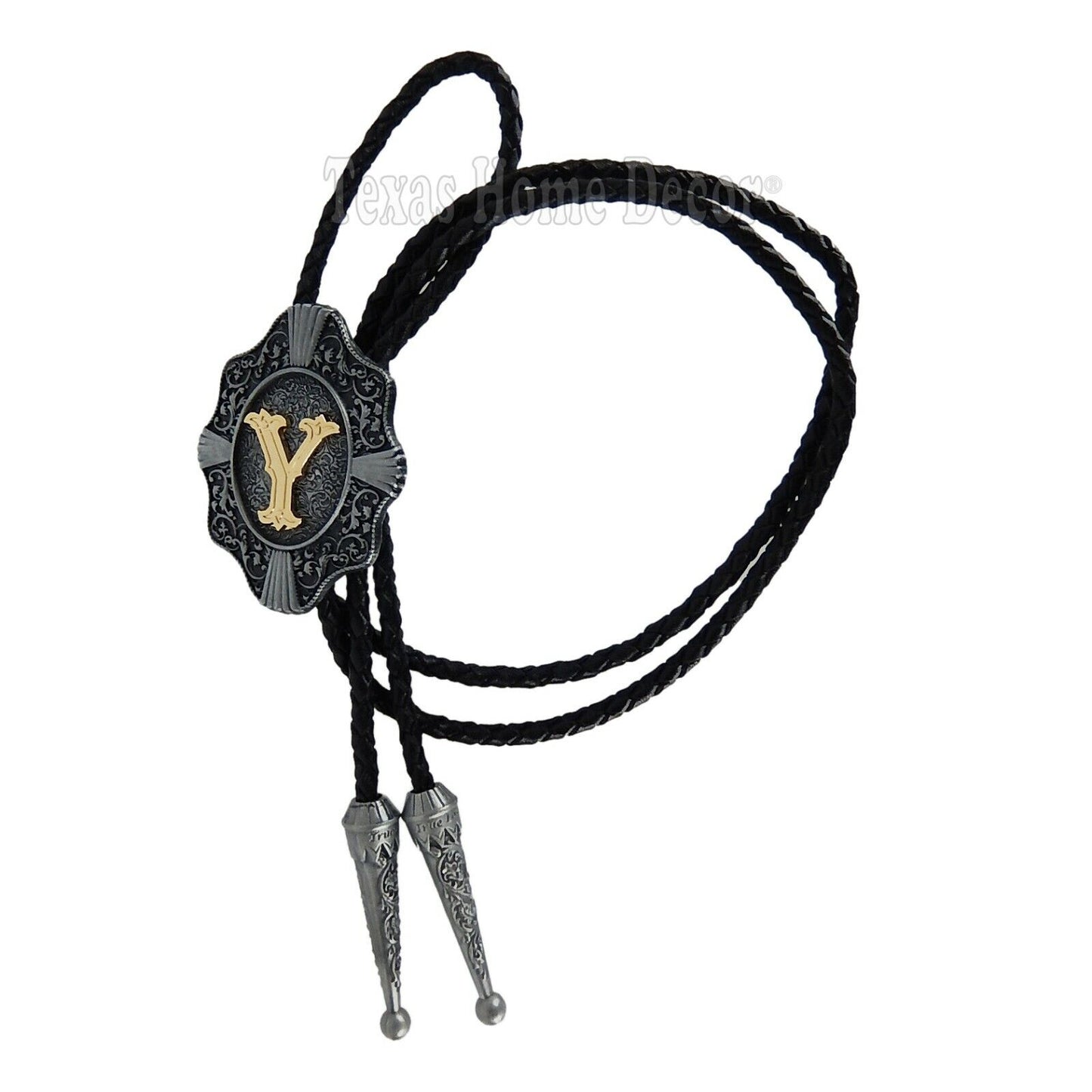 Initial Letter "Y" Bolo Tie Western 38" Genuine Leather Cord Detailed Tips
