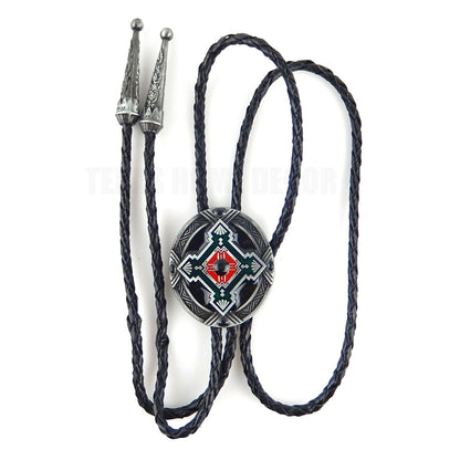 Oval Geometric Bolo Tie Southwestern Antique Silver 40" Adjustable Leather Cord