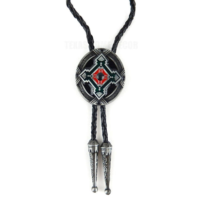 Oval Geometric Bolo Tie Southwestern Antique Silver 40" Adjustable Leather Cord
