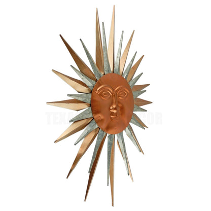 Large Garden Metal Sun Face Wall Decor Metallic Silver and Copper Rays 32" x 22"