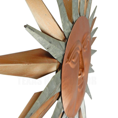 Large Garden Metal Sun Face Wall Decor Metallic Silver and Copper Rays 32" x 22"