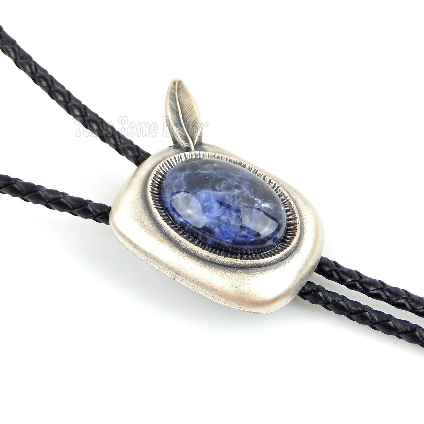Blue Plessite Stone Feather Bolo Tie Real Silver Plated 36" Adjustable Cord