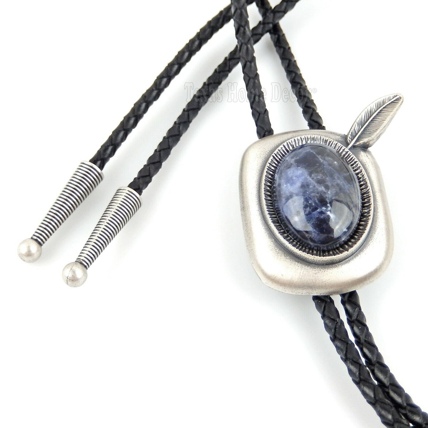 Blue Plessite Stone Feather Bolo Tie Real Silver Plated 36" Adjustable Cord