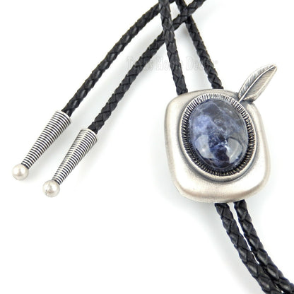 Blue Plessite Stone Feather Bolo Tie Real Silver Plated 36" Adjustable Cord