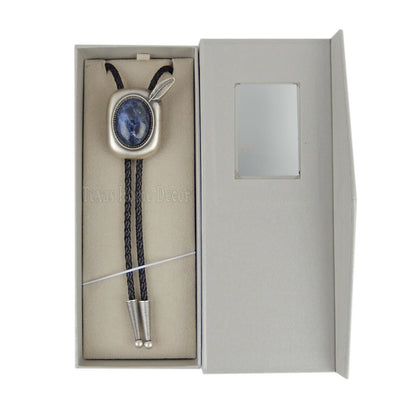 Blue Plessite Stone Feather Bolo Tie Real Silver Plated 36" Adjustable Cord